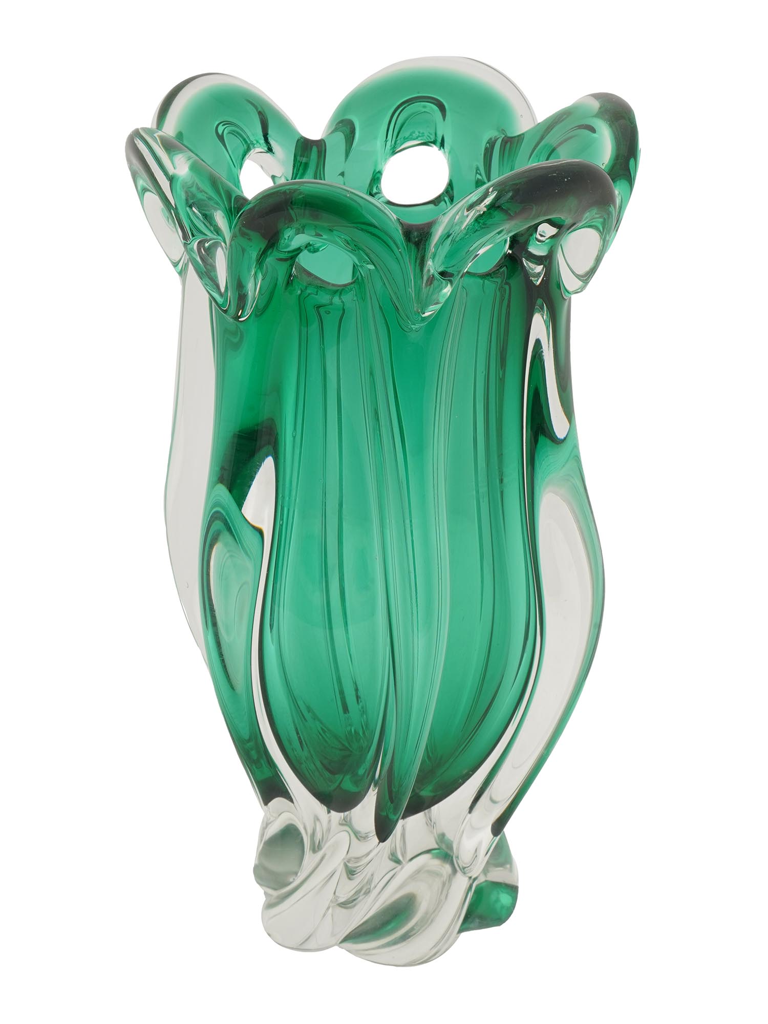 MID CENTURY MODERN GREEN BOHEMIAN ART GLASS VASE PIC-0